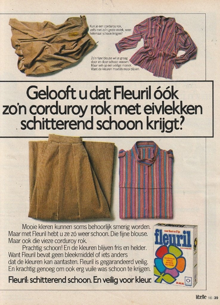 retro reclame 1983 Fleuril wasmiddel draagkoffer bont fijn, Verzenden, Overige typen