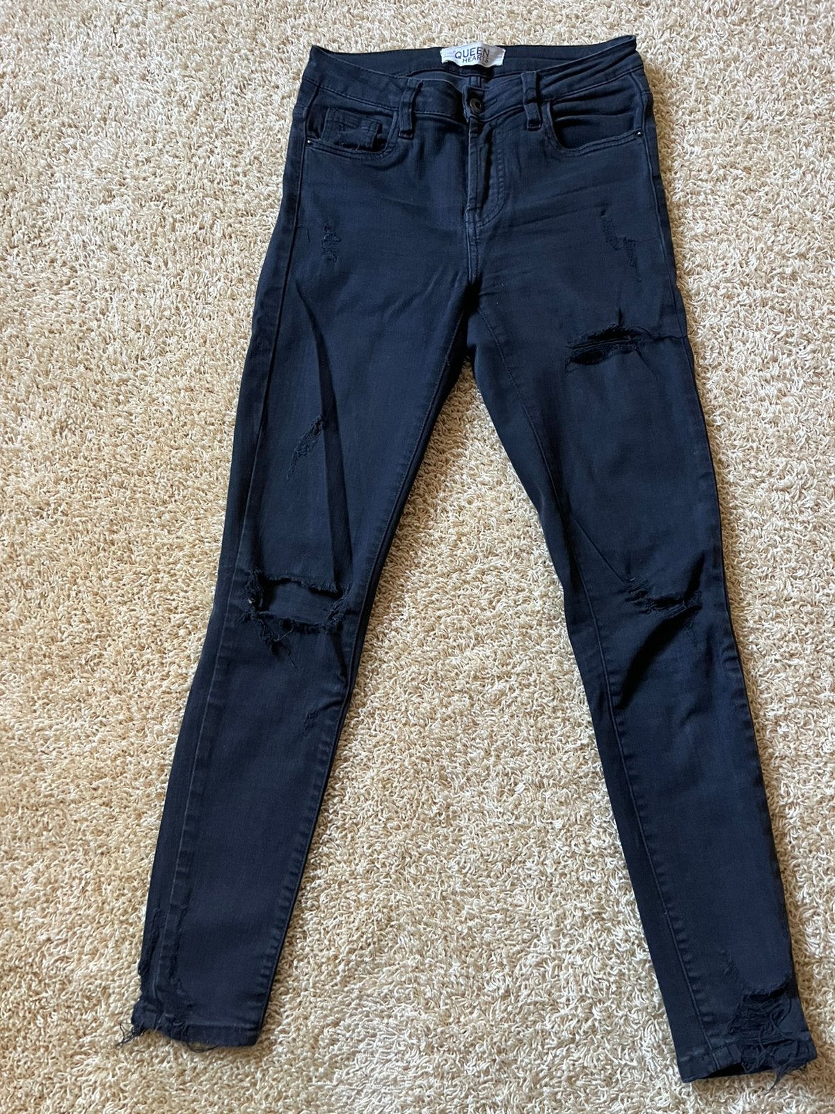 Queen hearts skinny destroyed jeans zwart mt. S, Ophalen of Verzenden, Gedragen, Zwart, W28 - W29 (confectie 36)