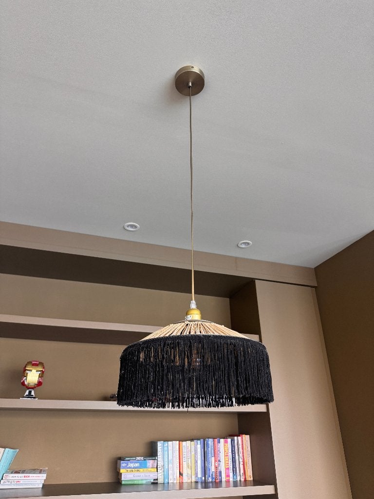 Honoré Déco Parasol Fringe hanglamp, zwarte franjes, Ophalen of Verzenden, Zo goed als nieuw, Textiel, E27 (groot)