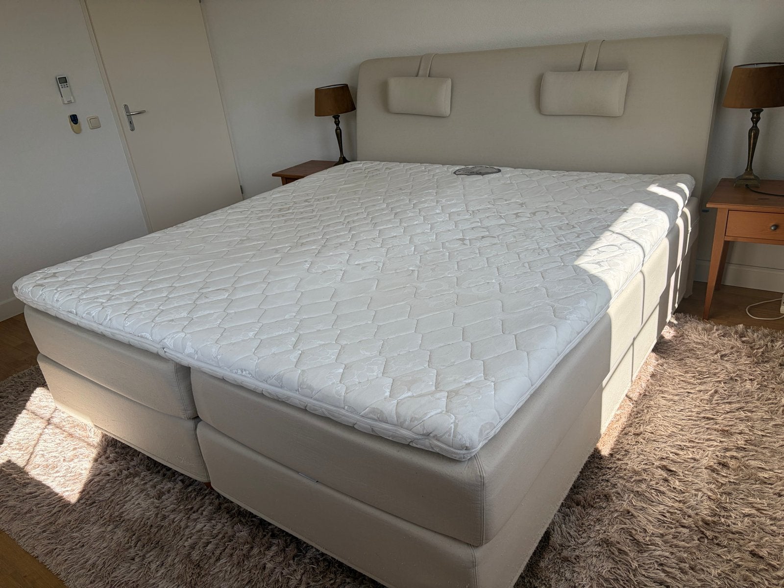Tweepersoons boxspring bed van het merk Jensen met topmatras, Ophalen, Gebruikt, Beige, Tweepersoons