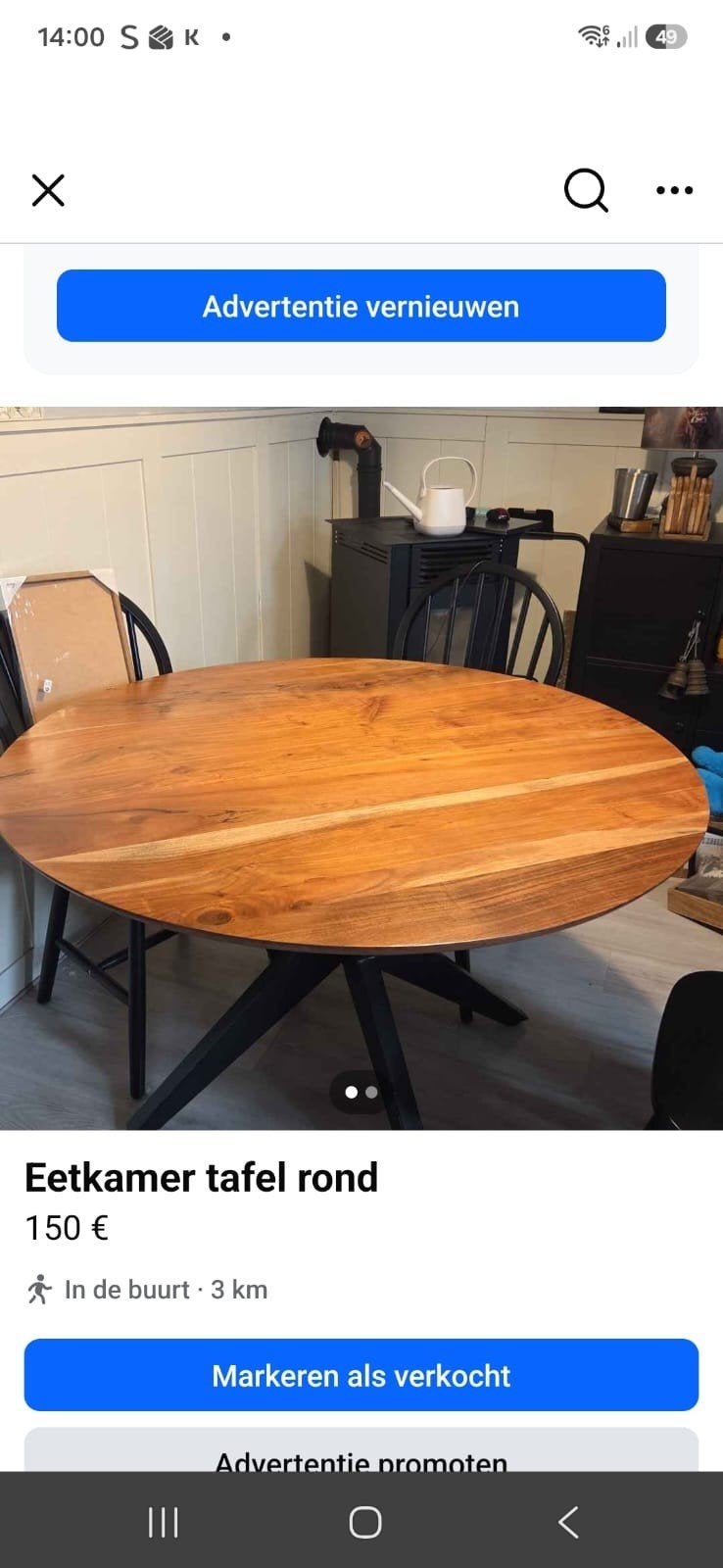 Ronde eettafel acaciahout met zwarte metalen kruispoot, Gebruikt, Rond, Ophalen, Overige houtsoorten