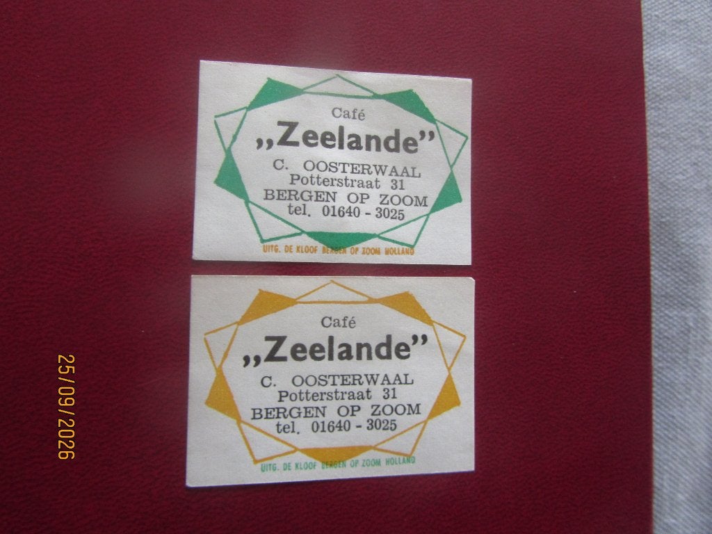 Café Zeelandia C.Oosterwaal Bergen op Zoom Potterstraat, Ophalen of Verzenden, Gebruikt, Luciferdoosjes of -merken