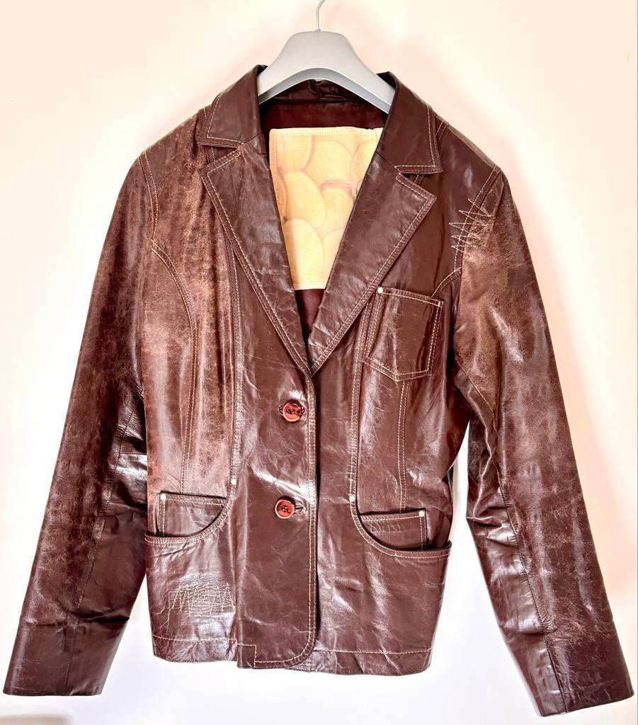 Bruin leren jasje, colbert model, Kleding | Dames, Ophalen of Verzenden, Gedragen, Maat 42/44 (L), Bruin