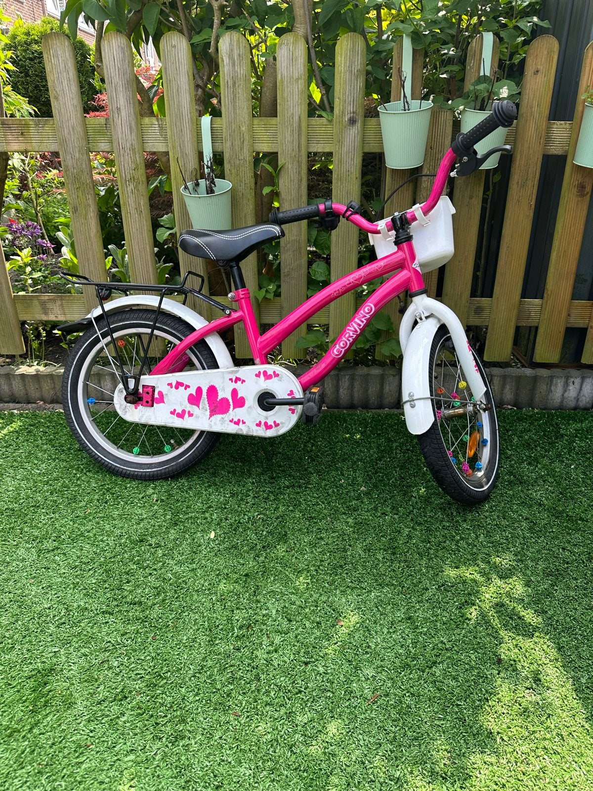 Corvino kinderfiets roze met mandje en bagagedrager, Ophalen, Gebruikt, Velgrem, 16 tot 20 inch