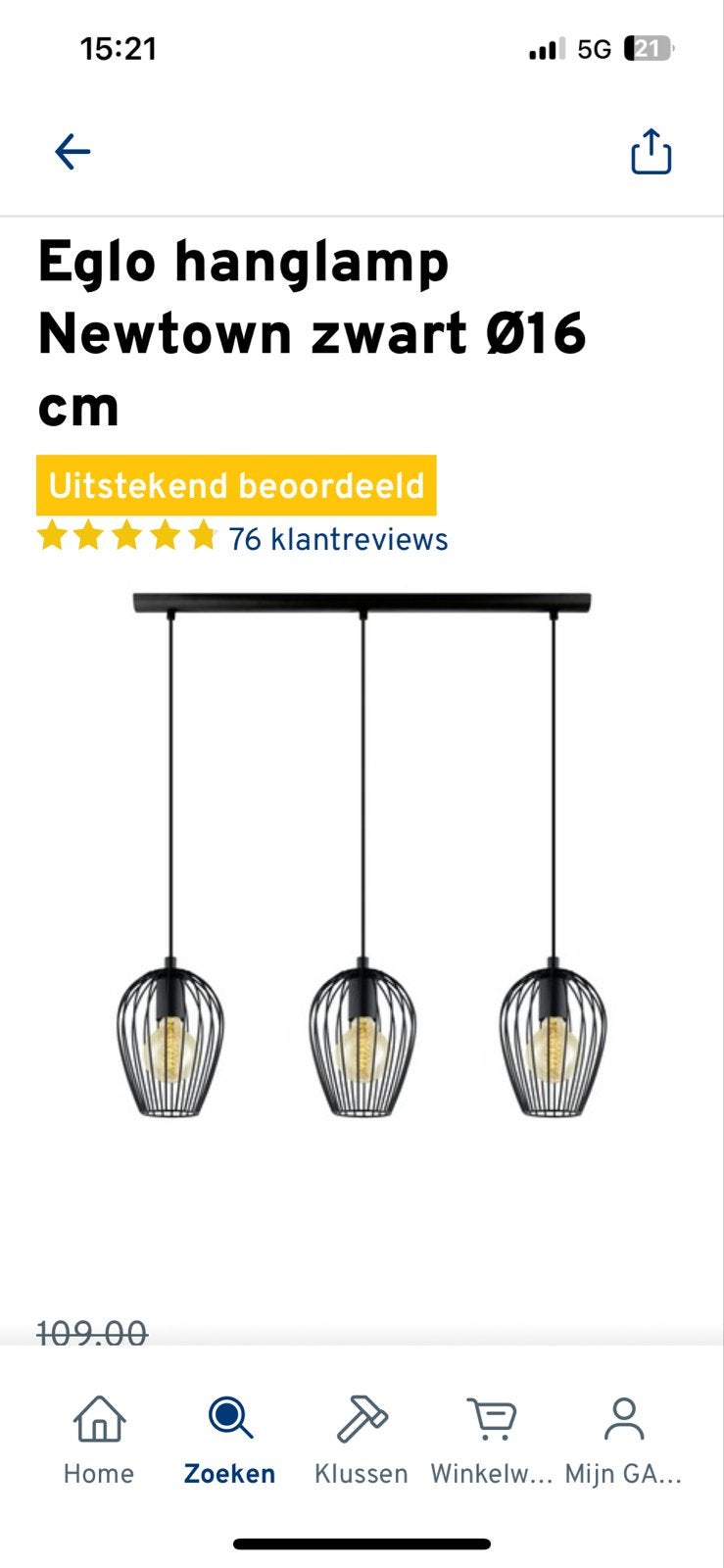 Eglo Newtown hanglamp - Zwart - Ø16 cm, Ophalen, Zo goed als nieuw, Metaal, E27 (groot)