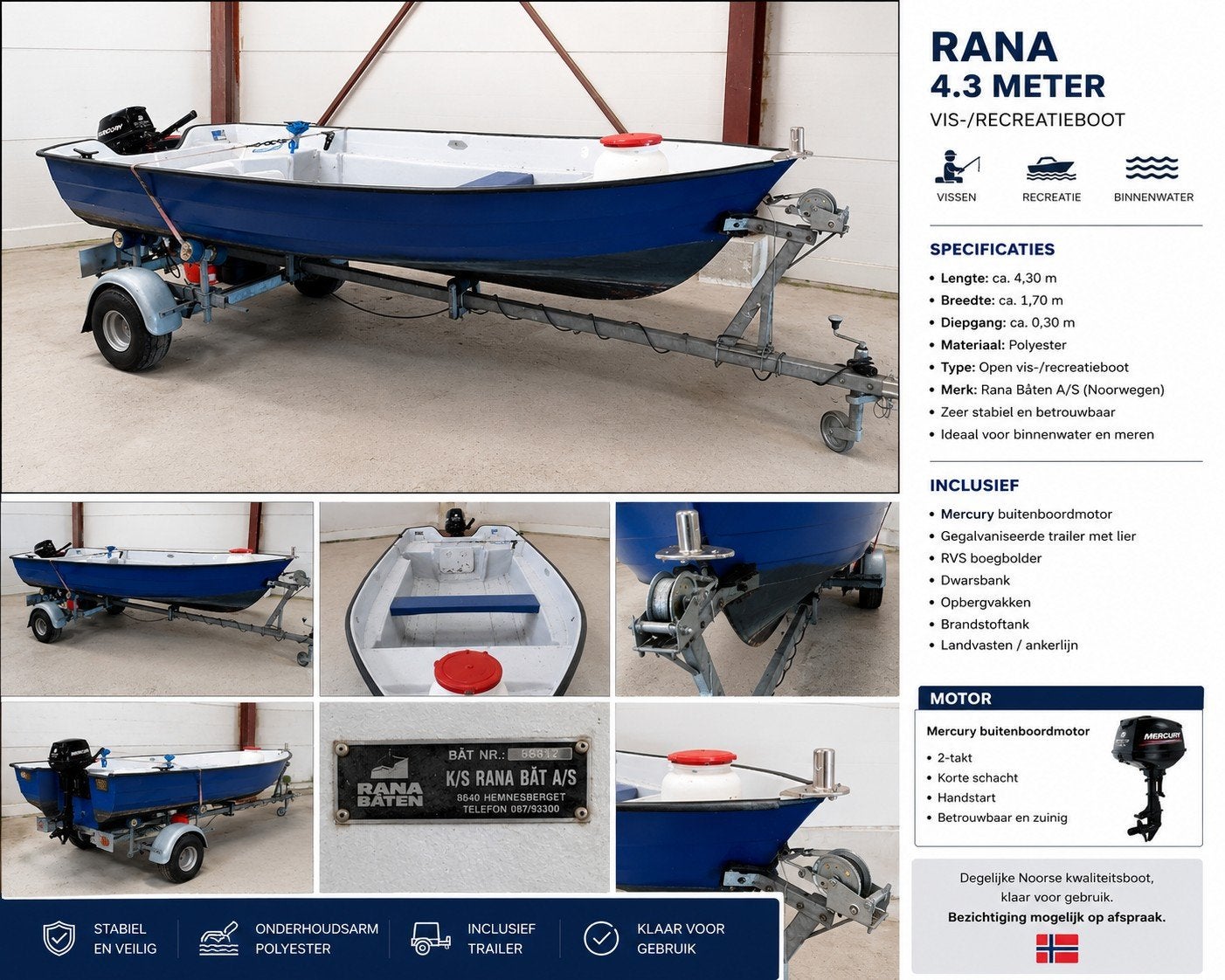 Rana 4.30m Vis- en Recreatieboot met Trailer, Watersport en Boten, Vis- en Consoleboten, Ophalen, Overige merken, Zo goed als nieuw