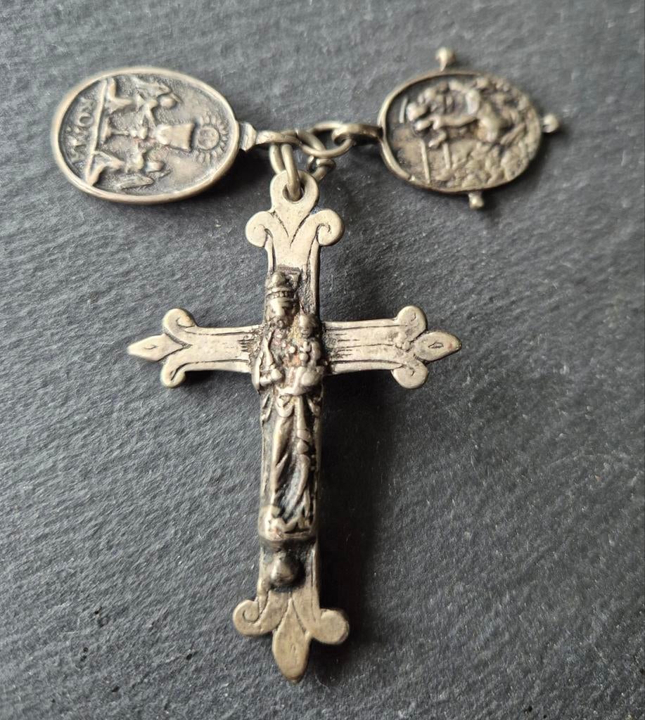 Antieke religieuze hanger met kruis en medaillons, Antiek en Kunst, Antiek | Religie, Ophalen of Verzenden