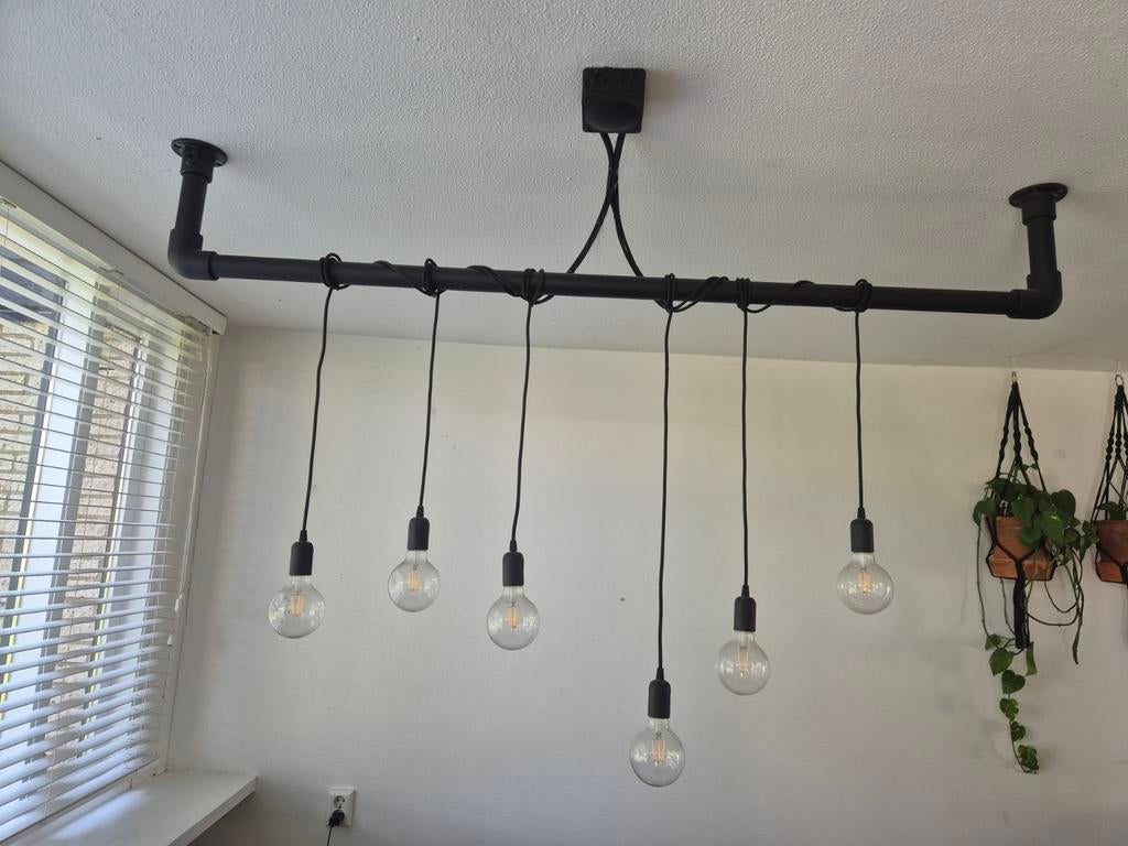 Industriële hanglamp met 6 lichtpunten, Huis en Inrichting, Lampen | Hanglampen, Ophalen, Zo goed als nieuw, Metaal, Minder dan 50 cm