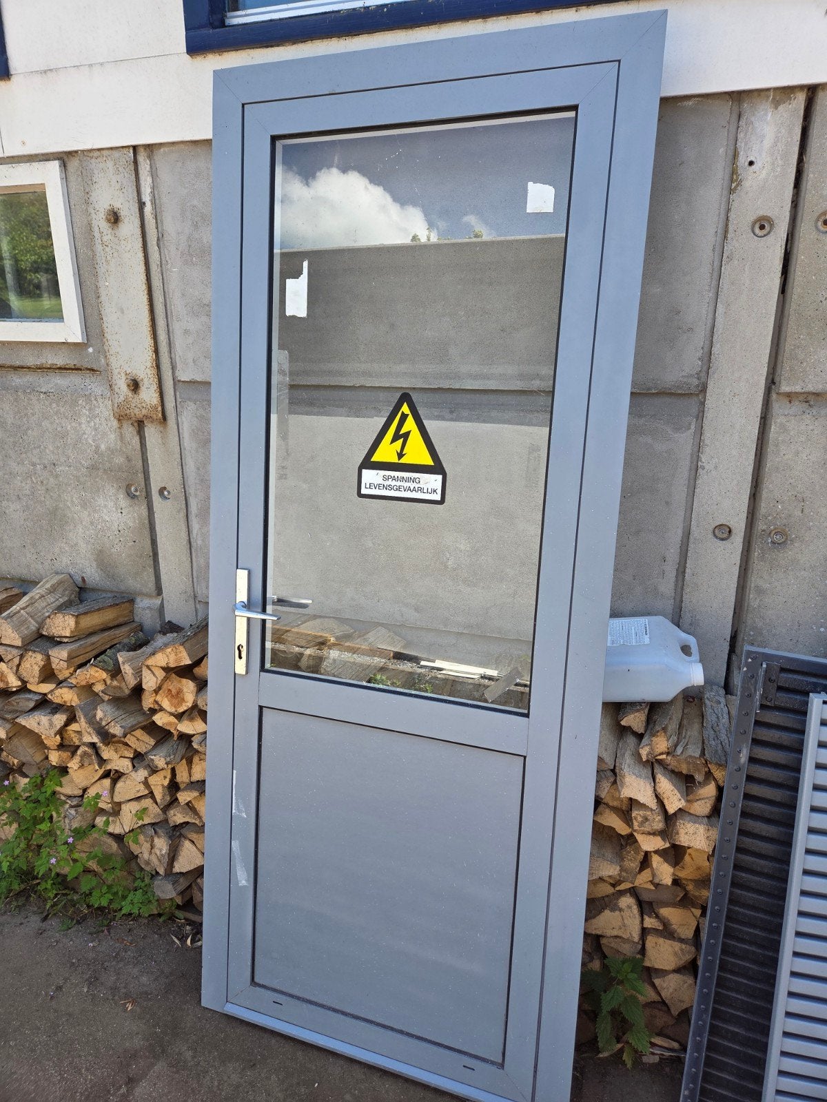 Aluminium Buitendeur met Kozijn - Grijs, Glas, Ophalen, Gebruikt, 80 tot 100 cm, Buitendeur
