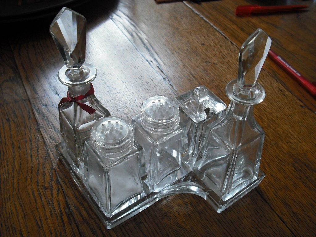 Vintage Olie-Peper,zout, mosterd  en Azijnstel,(adv.nr.57C), Ophalen of Verzenden, Overige merken, Glas, Overige typen