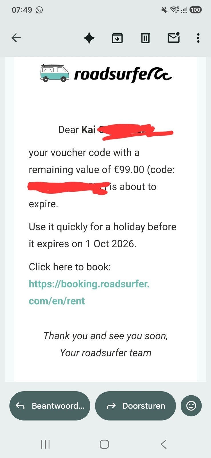 Roadsurfer tegoedbon / voucher  99 euro, Tickets en Kaartjes, Kortingen en Cadeaubonnen, Eén persoon, Overige soorten