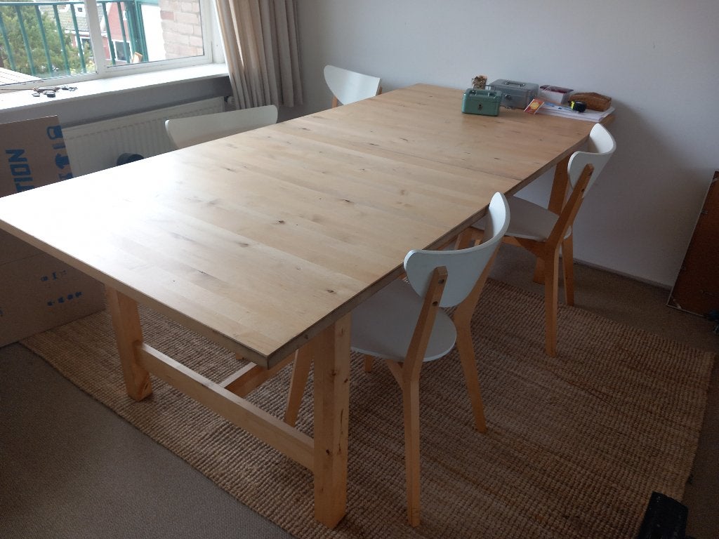 IKEA Björna uitschuifbare massief beukenhouten tafel, Huis en Inrichting, Ophalen, 100 tot 150 cm, Zo goed als nieuw, Vijf personen of meer