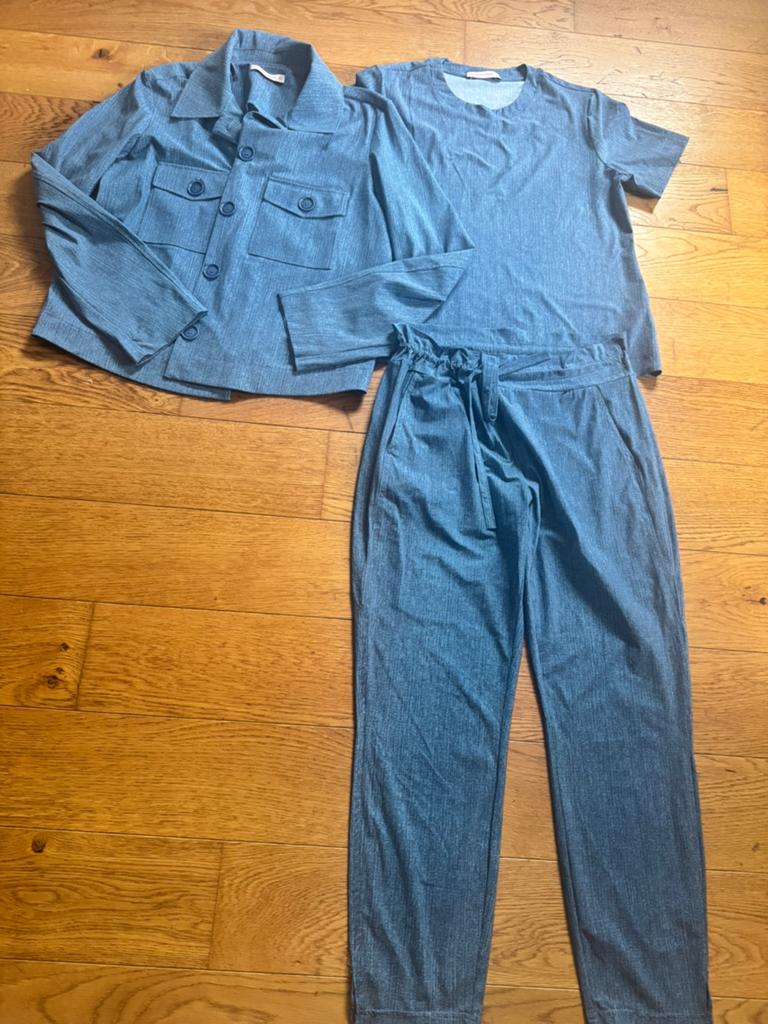 Studio Anneloes jeans look travelstof blazer, shirt broek XL, Kostuum of Pak, Blauw, Maat 46/48 (XL) of groter, Ophalen of Verzenden