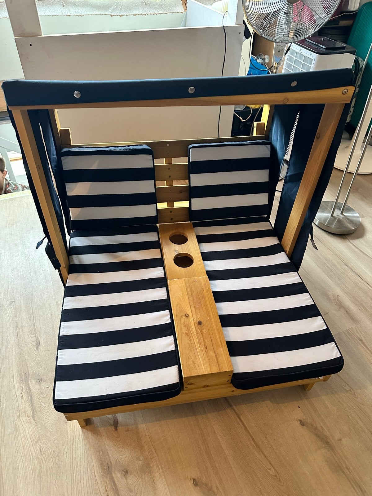 Houten ligbed met kussens en zonnescherm, Ophalen, Zo goed als nieuw, Hout, Verstelbaar