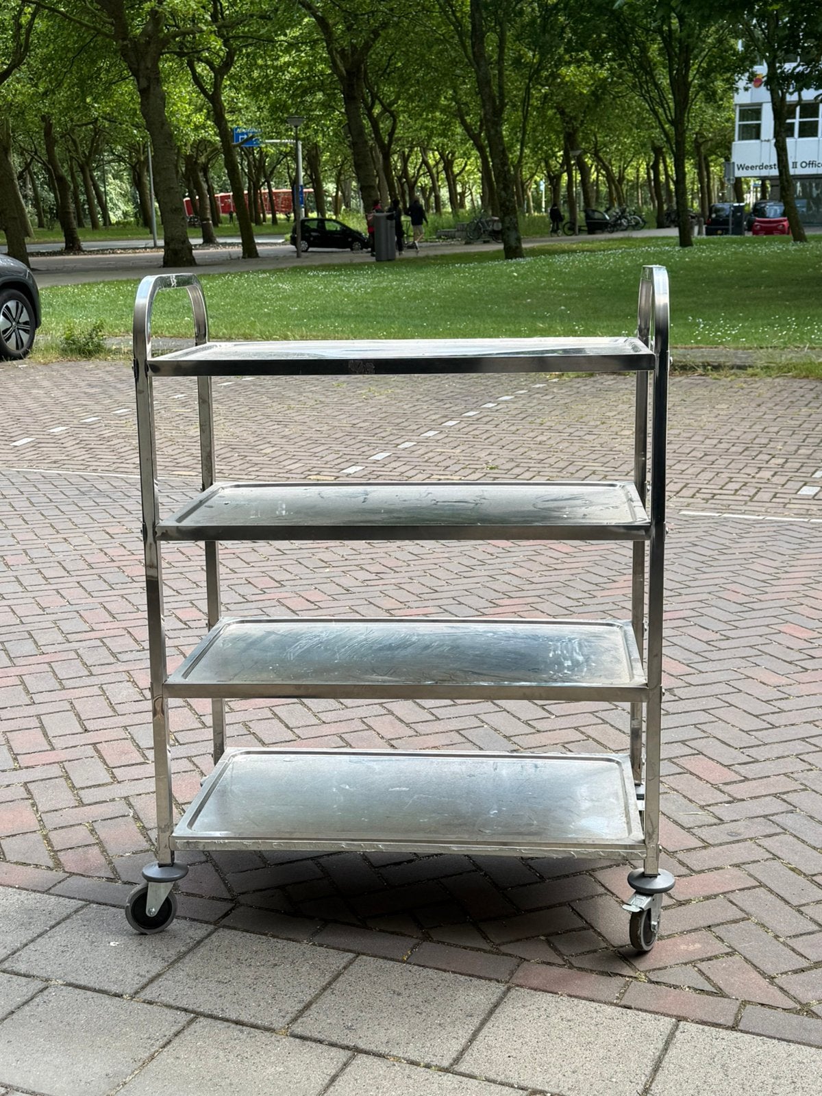 Professionele RVS Serveerwagen Horeca 4 Etages op Wielen, Ophalen, 100 tot 150 cm, Serveer wagen, Zo goed als nieuw