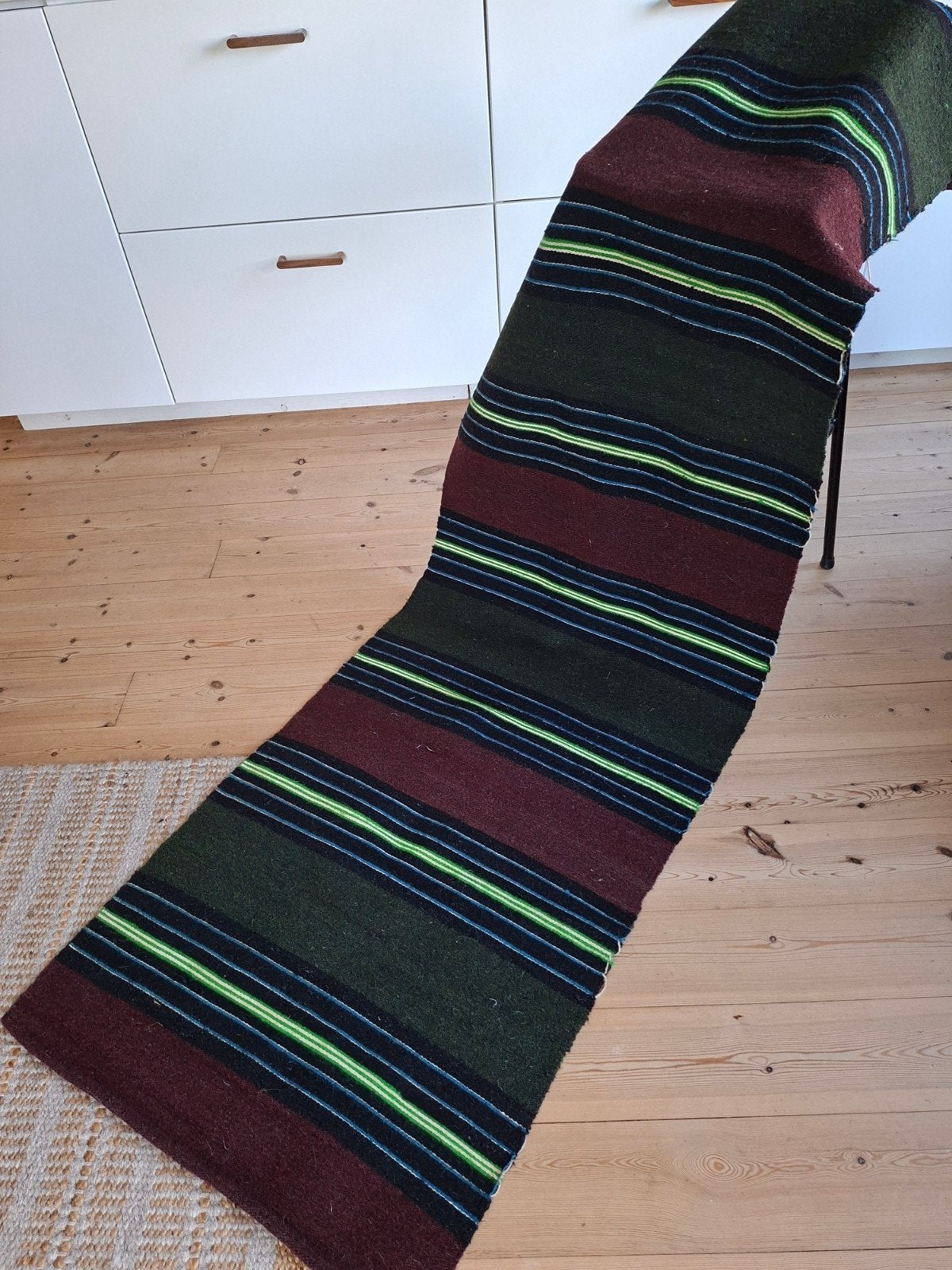 Vintage zuiver wollen loper/kleed met strepen uit Hongarije, Minder dan 50 cm, Gebruikt, Vintage, Bohemien, 200 cm of meer