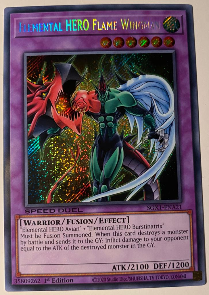 Yu-Gi-Oh! Elemental HERO Flame Wingman SGX1 1st Edition !, Ophalen of Verzenden, Zo goed als nieuw, Losse kaart, Foil