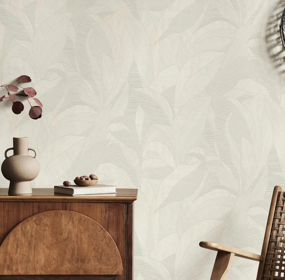 3 rollen behang beige blad patroon, Ophalen of Verzenden, Beige