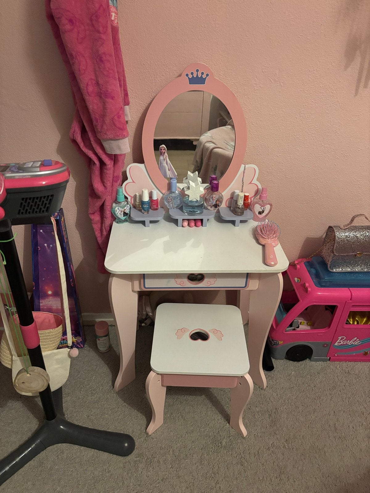 Roze kaptafel met spiegel en krukje voor kinderen, Ophalen, Gebruikt, Tafel(s) en Stoel(en)