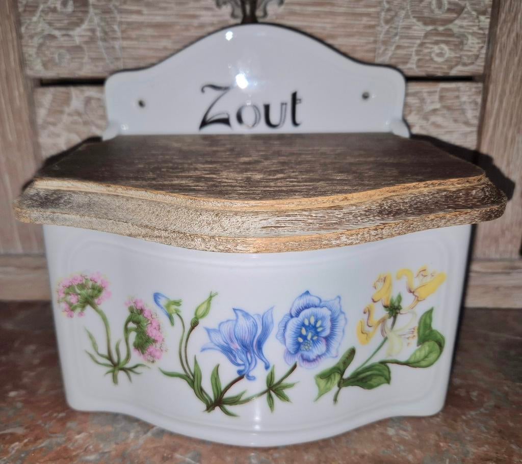 Porseleinen zoutvat met houten deksel, Ophalen of Verzenden