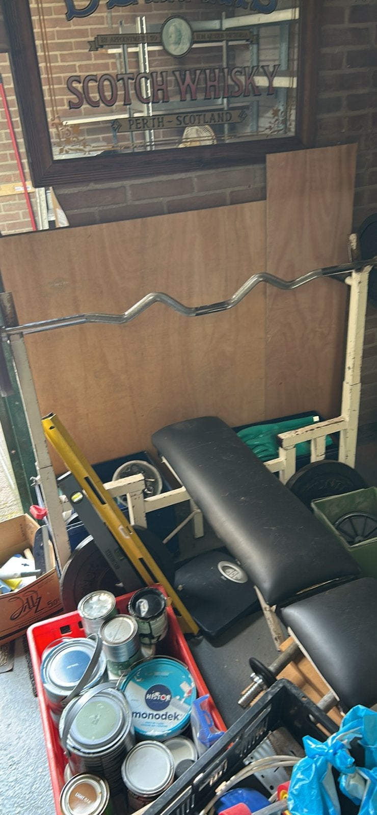 Drukbank met 2 stangen en 60 kg gewichten, Sport en Fitness, Fitnessmaterialen, Ophalen of Verzenden, Gebruikt, Borst, Fitnessbank