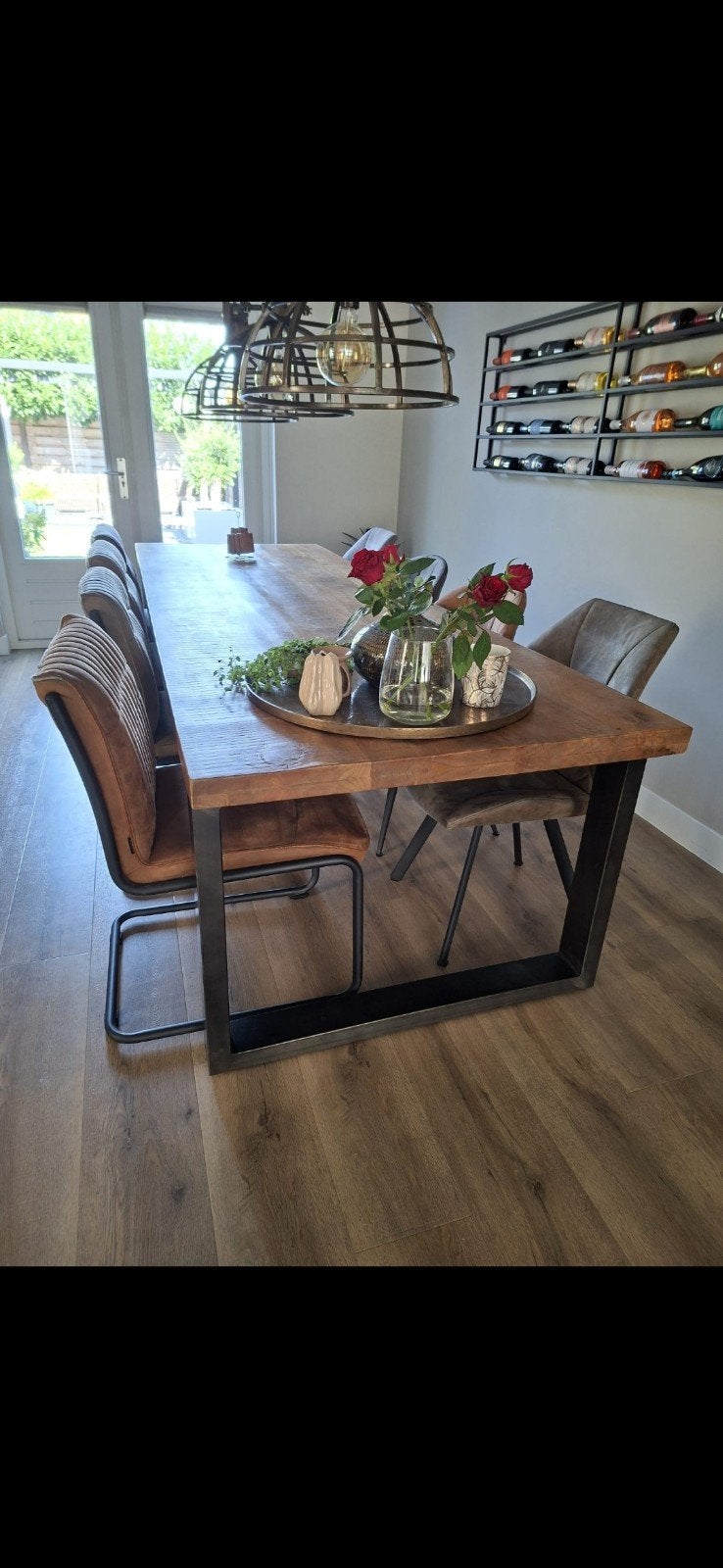 Mangohouten eettafel 300x100 cm en 10 stoelen., Overige houtsoorten, Gebruikt, 100 tot 150 cm, 200 cm of meer