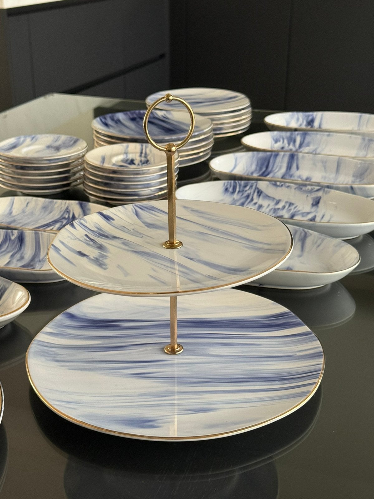 SERVIESSET BLAUW MARBLE DESIGN 12 persoons, Ophalen