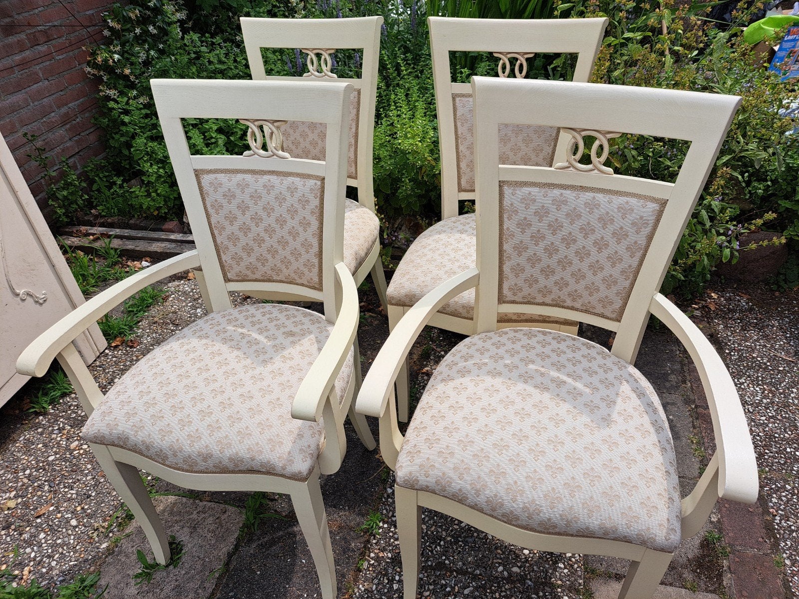 Set van 4 crèmekleurige eetkamerstoelen met armleuningen, Ophalen, Gebruikt, Overige kleuren, Klassiek