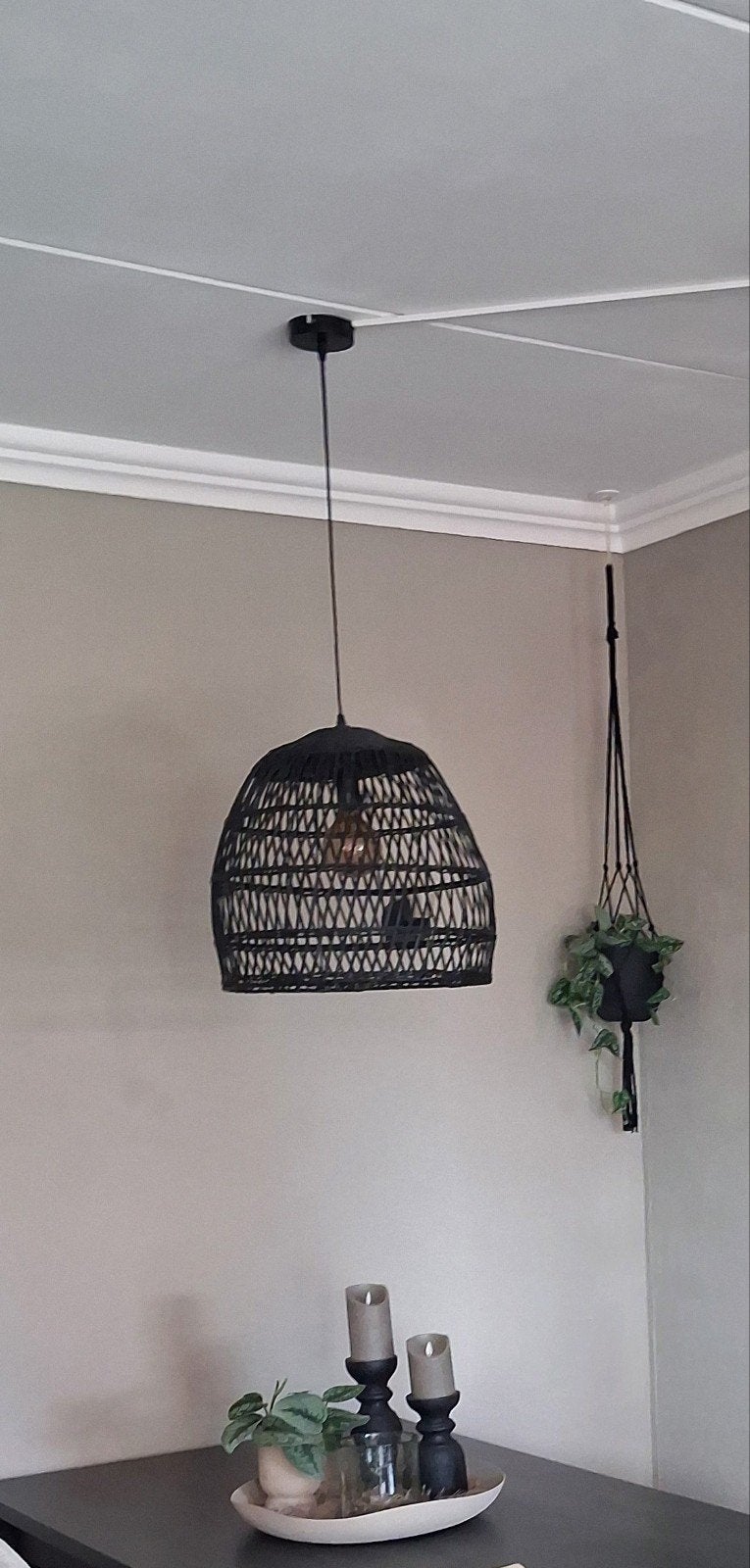 Zwarte rotan hanglamp Karwei 46 cm, Ophalen, Zo goed als nieuw, Natuurlijk materiaal, Bohemian, Modern