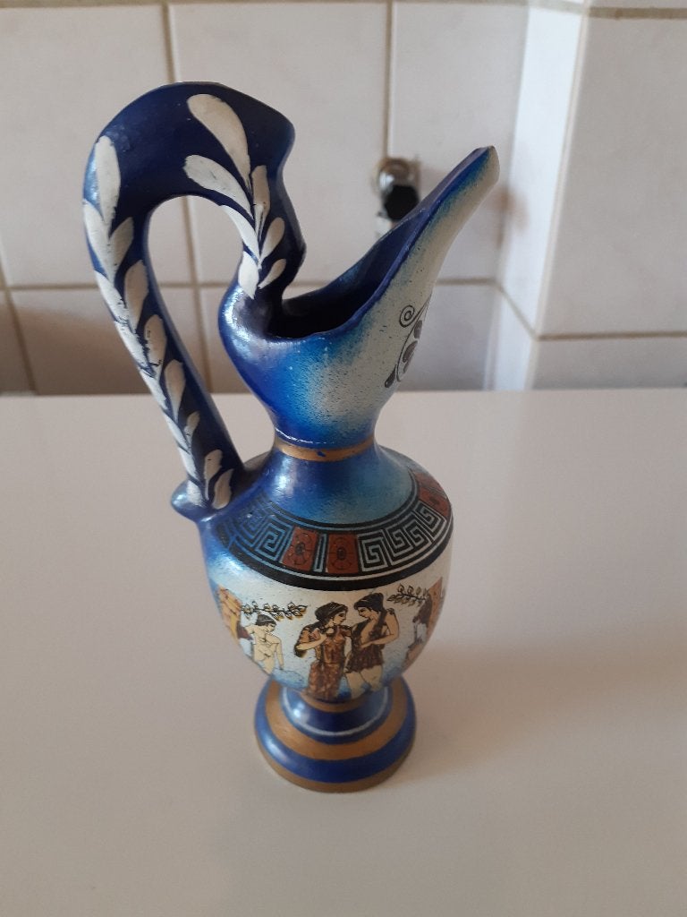 Griekse Vintage Souvenir Kruik / Vaas – Handgeschilderd, Huis en Inrichting, 23 cm, Gebruikt, Overige kleuren, Handgemaakt