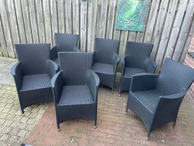Gevlochten kunststof tuinstoelen 6 stuks antraciet, Ophalen, Gebruikt, Kunststof, Stapelbaar