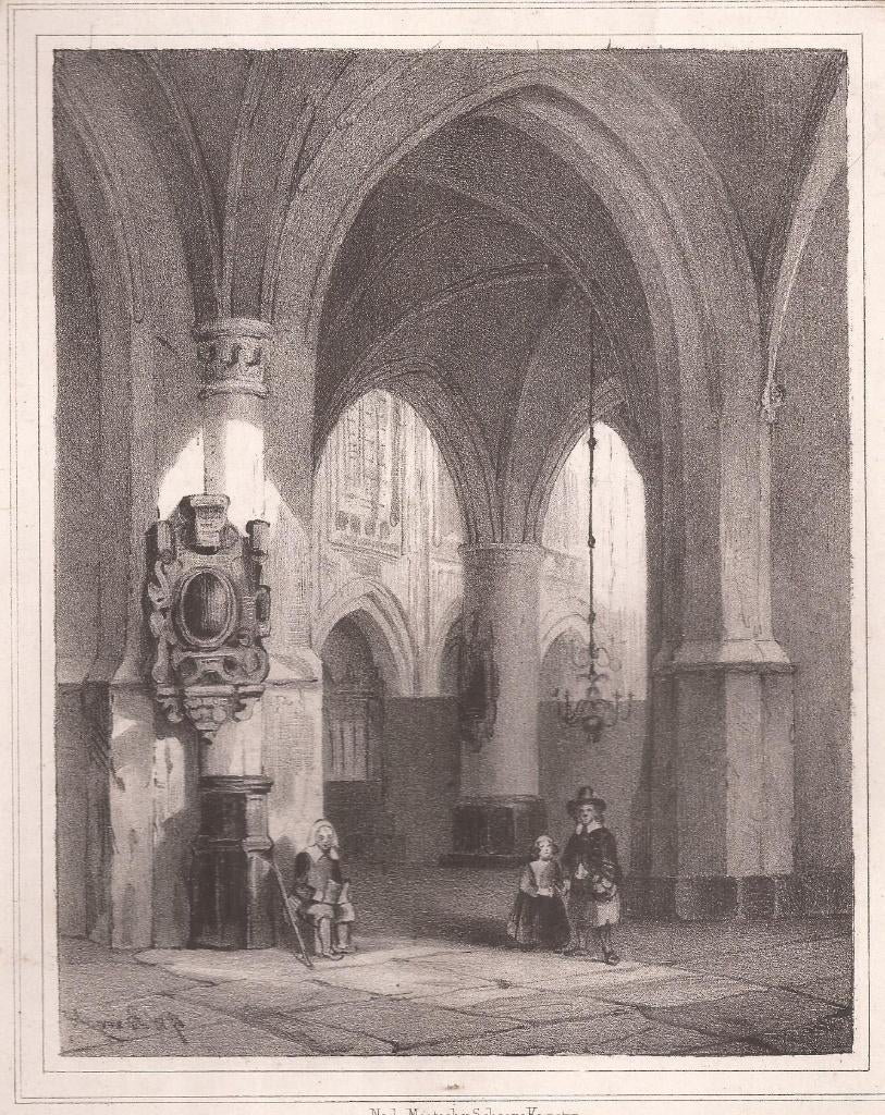 G.M. Buys - Kerkinterieur met drie figuren 1840 Litho, Antiek en Kunst, Ophalen of Verzenden, Origineel