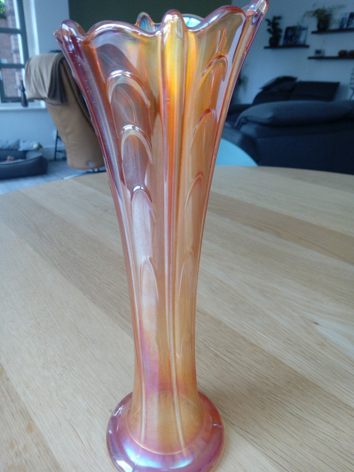 Vintage Oranje Iriserend Carnaval Glas Vaas - Art Deco Stijl, Antiek en Kunst, Ophalen of Verzenden