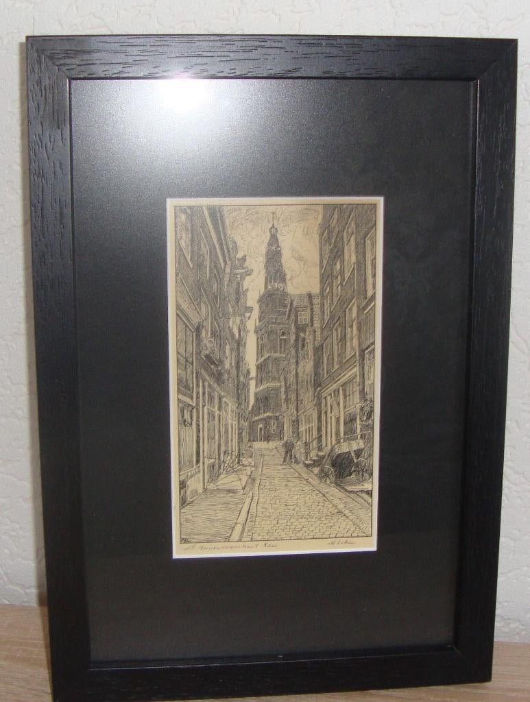 Amsterdam , St. Annendwarsstraat - M. Labrie - ingelijst, Ophalen of Verzenden, Ets, Ingelijst