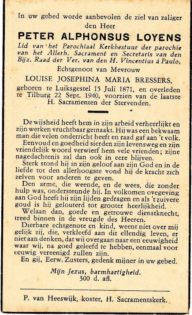 Luiksgestel 1871 - Tilburg 1940 Peter Loyens, Ophalen of Verzenden, Bidprentje