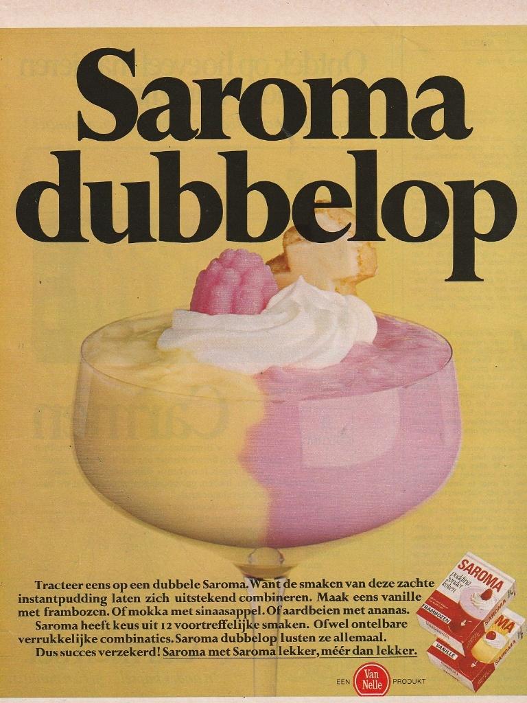 Retro reclame 1972 Saroma frambozen pudding zonder koken, Verzenden, Overige typen