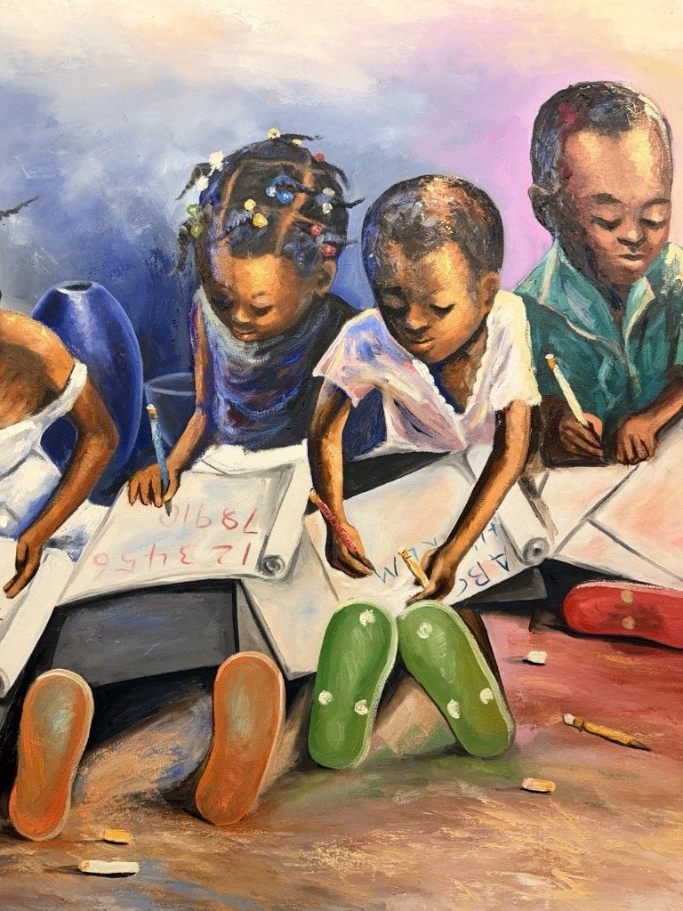 261064 - Large 135x90 cm African painting learning children, Ophalen of Verzenden