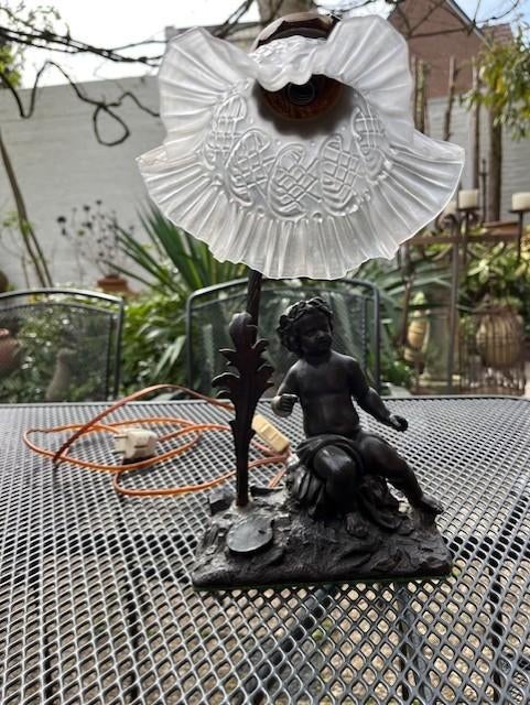 Antieke tafellamp met engel putti, Ophalen of Verzenden