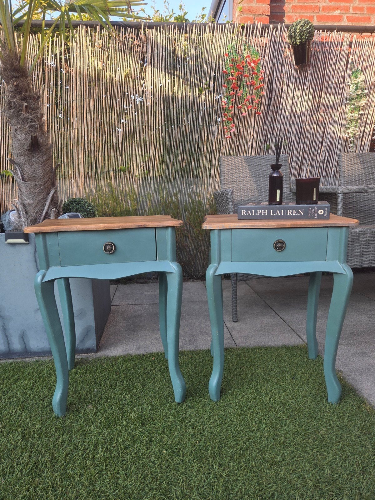Set van 2 vintage nachtkastjes/bijzettafels - Groen met Hout, Huis en Inrichting, Tafels | Bijzettafels, Minder dan 55 cm, Gebruikt
