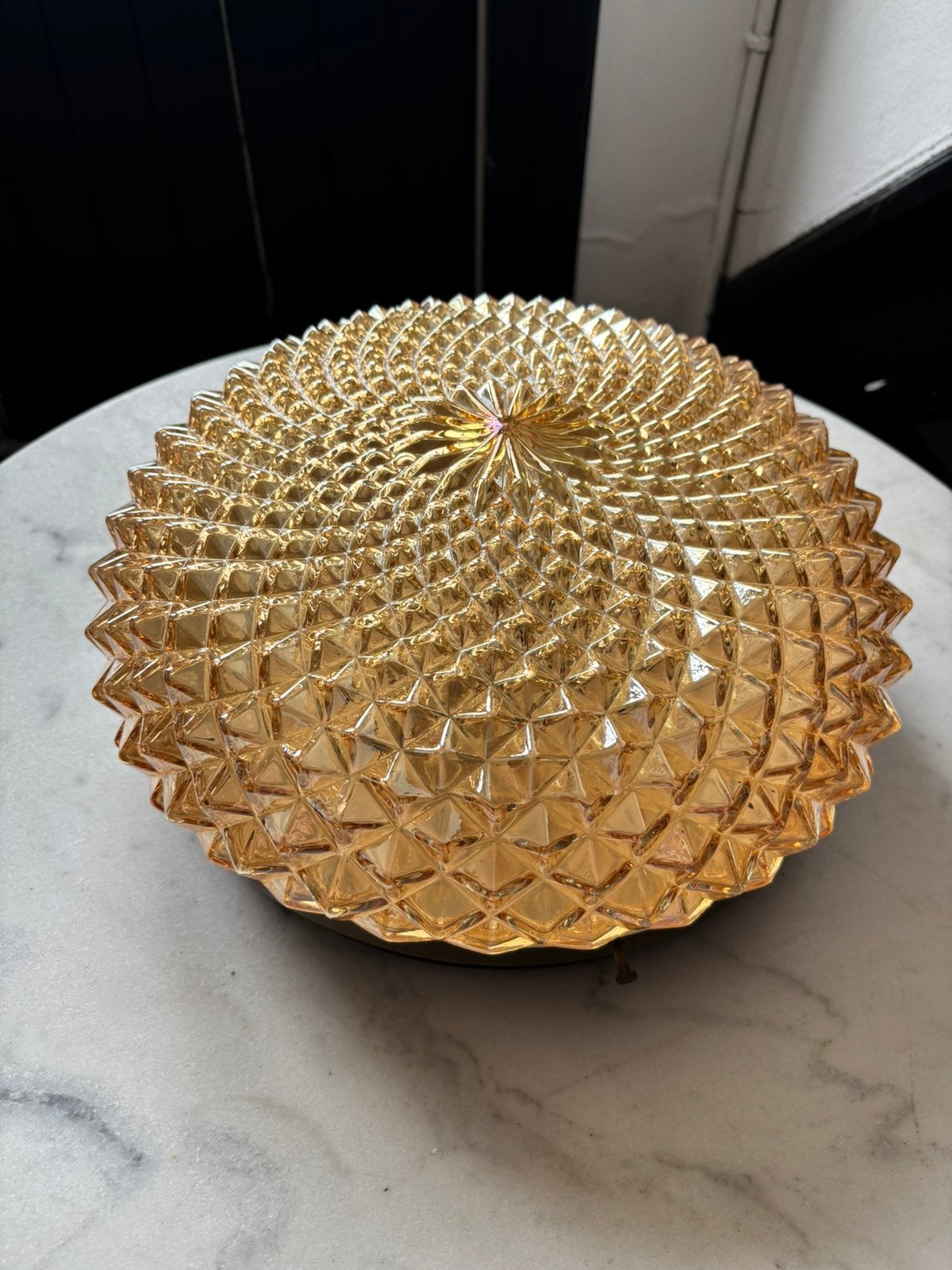 Vintage plafond oranje goud glazen plafoniere rond diamant, Huis en Inrichting, Lampen | Plafondlampen, Ophalen of Verzenden, Zo goed als nieuw