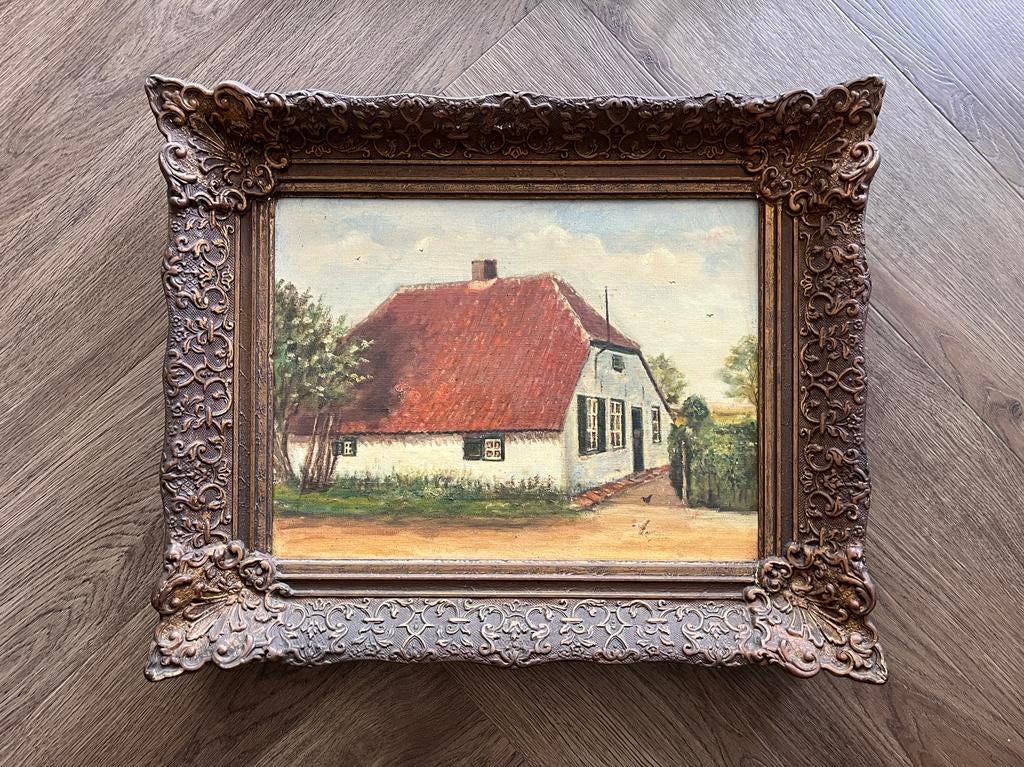 Antiek olieverfschilderij in rijk gedecoreerde baroklijst, Antiek en Kunst, Antiek | Spiegels, Ophalen of Verzenden, Rechthoekig