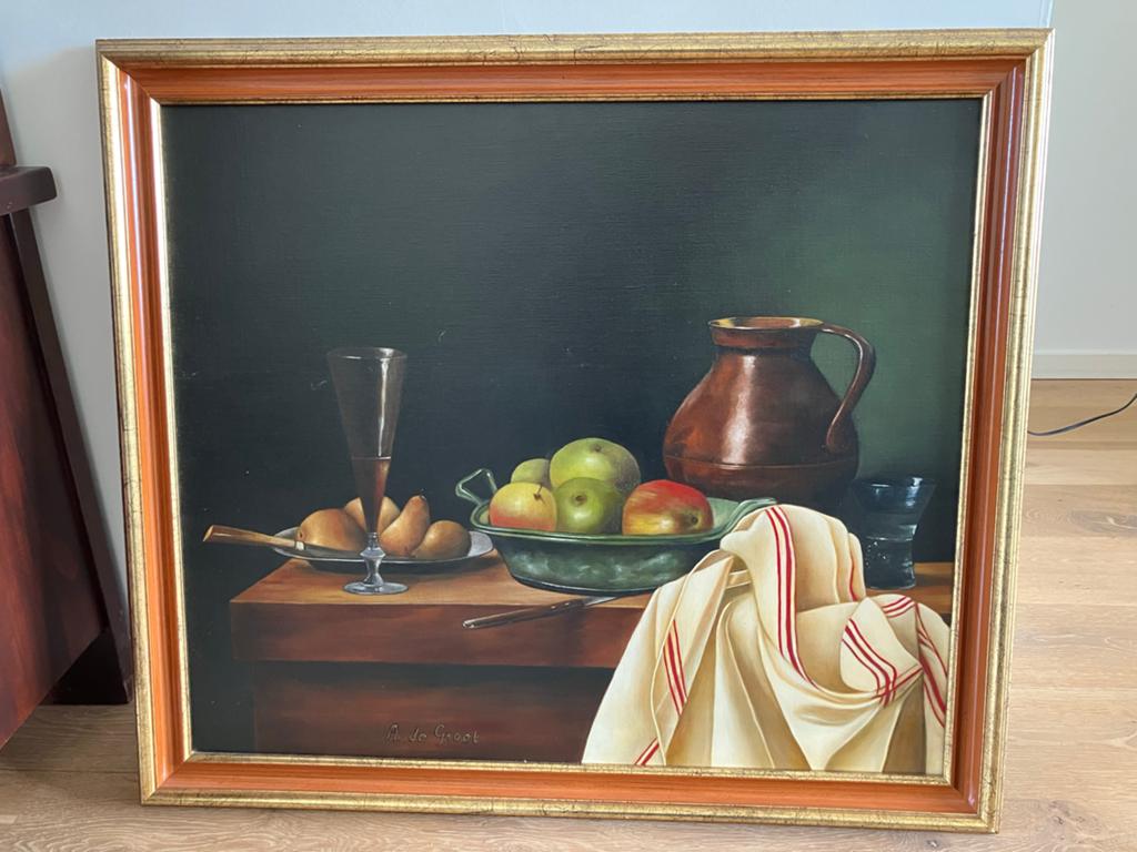 Olieverf Schilderij Stilleven met Fruit en Kan, Ophalen of Verzenden