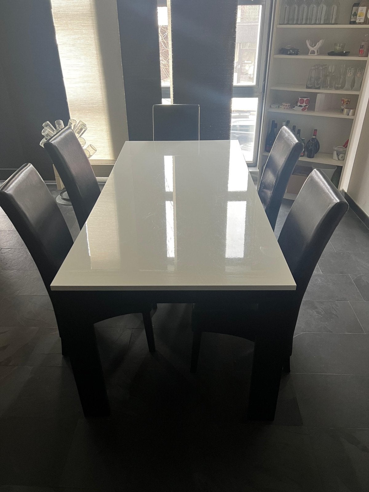 Elegante eettafel met 6 stoelen - modern design, Ophalen, Gebruikt, 50 tot 100 cm, Glas