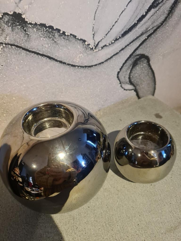 2x Waxinelichthouder met spiegelglas, Ophalen, Overige materialen, Gebruikt, Grijs