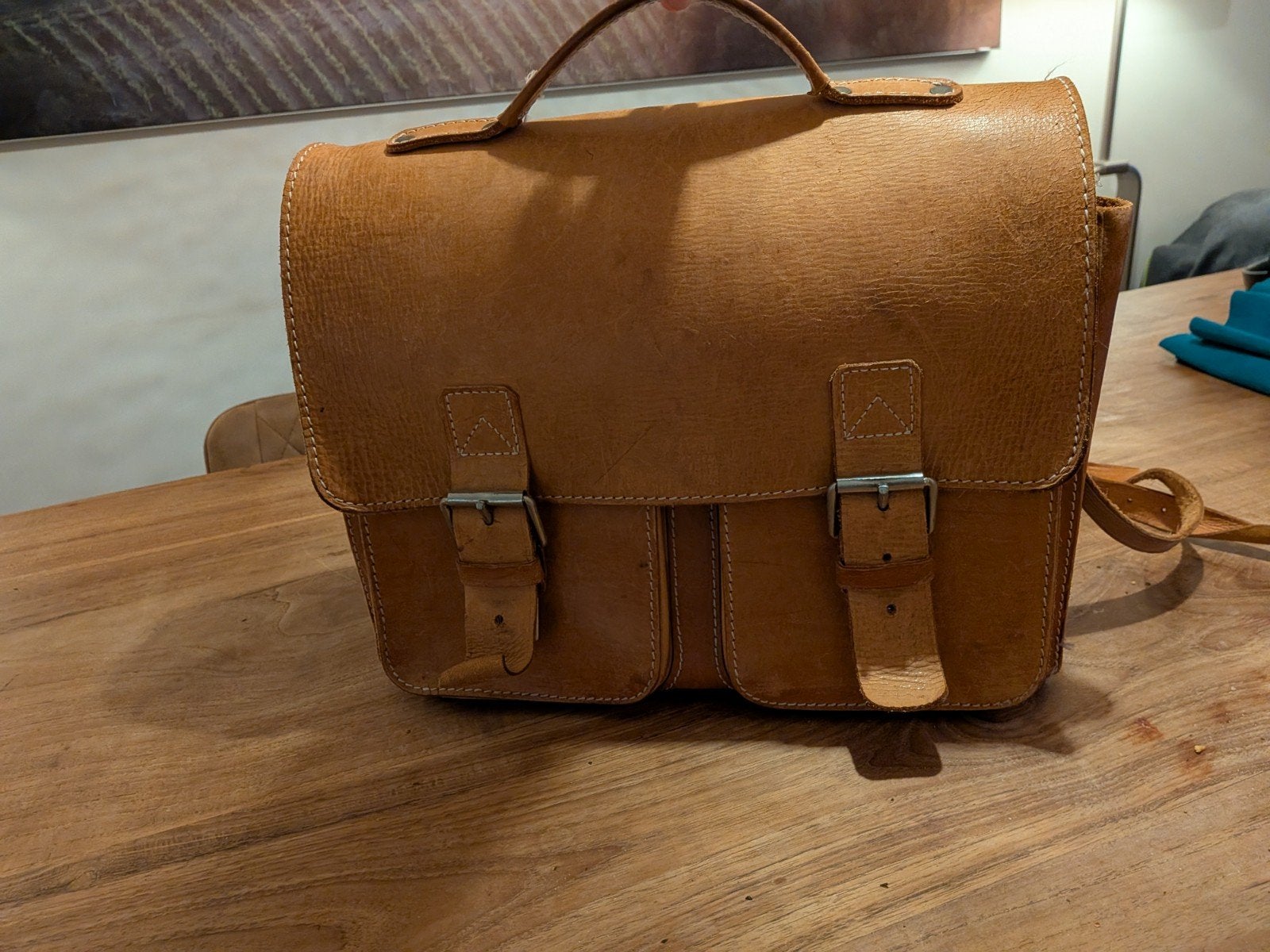 Lederen vintage schooltas / aktetas, Bruin, Aktetas of Boekentas, Ophalen of Verzenden, 30 tot 40 cm