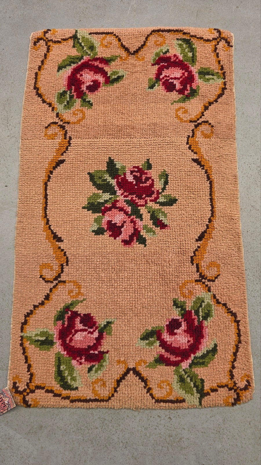 Vintage Handgemaakt wol Smyrna tapijt roses pastel 70x120cm, Gebruikt, 50 tot 100 cm, Vintage, Klassiek, Bloemen, Handgemaakt