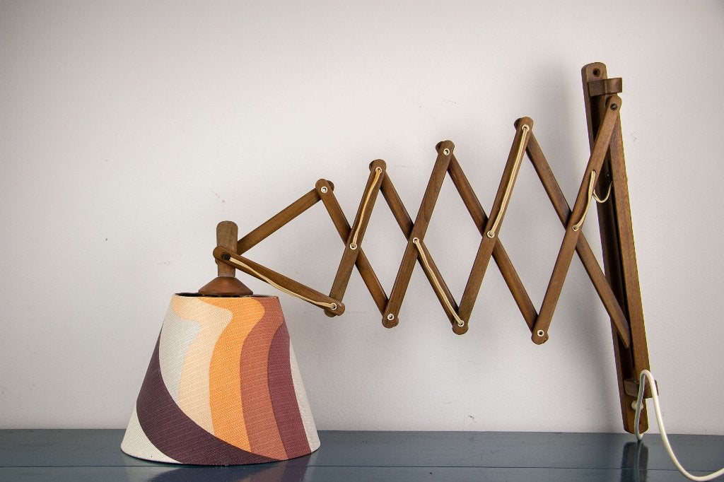 Vintage schaarlamp hout, wandlamp, jaren 70 kap, Ophalen of Verzenden