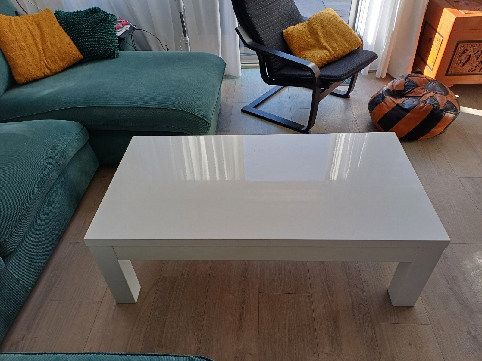 Witte hoogglans salontafel (127x66x45 cm), Ophalen, Overige materialen, Gebruikt, 100 tot 150 cm