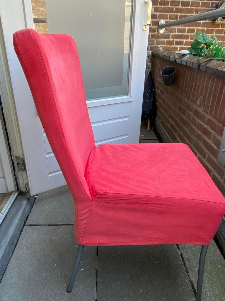 6 eetkamerstoelen met roze-rode stoffen bekleding, Huis en Inrichting, Stoelen, Ophalen, Overige kleuren, Zo goed als nieuw, Metaal
