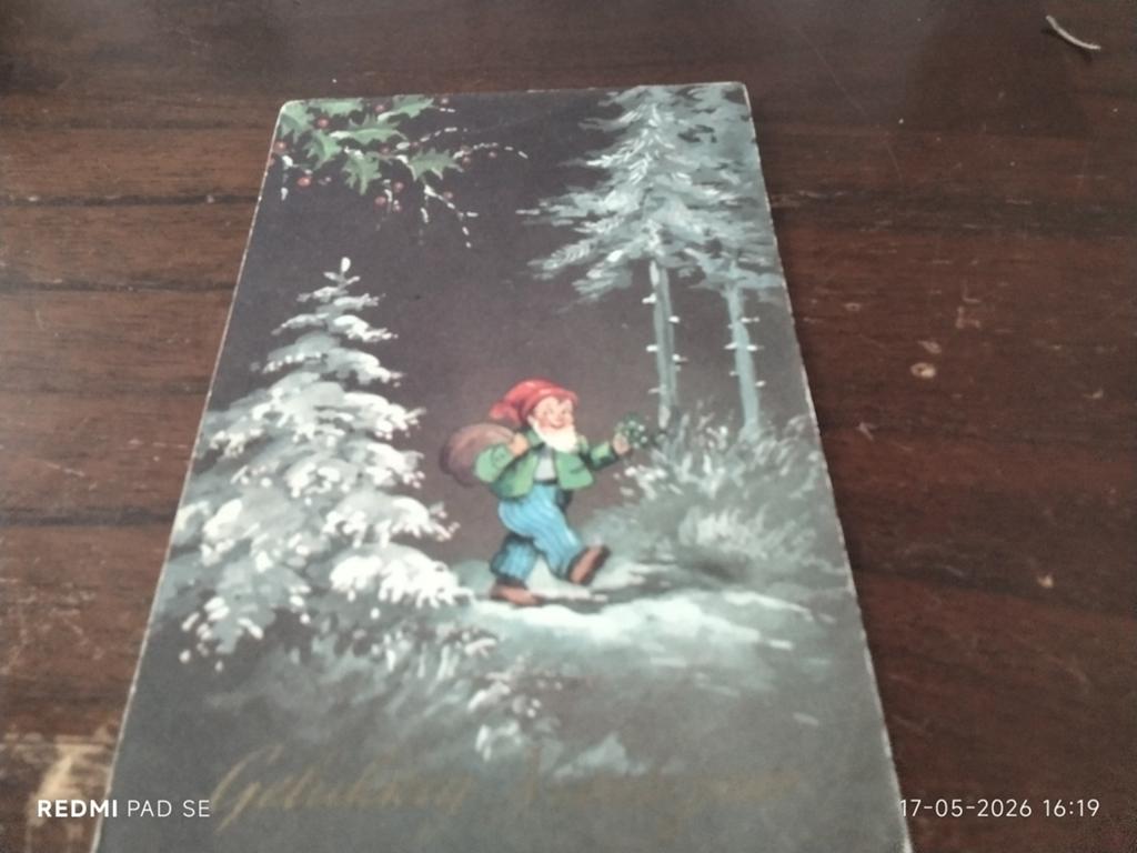Oude Kerstkaart met Kabouter en Sneeuwlandschap, Ophalen of Verzenden, 1940 tot 1960, Gelopen, Overijssel